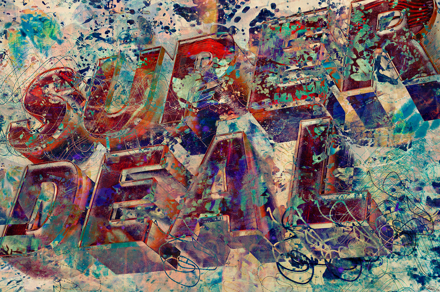 an abstract painting of the word sale spelled out of letters