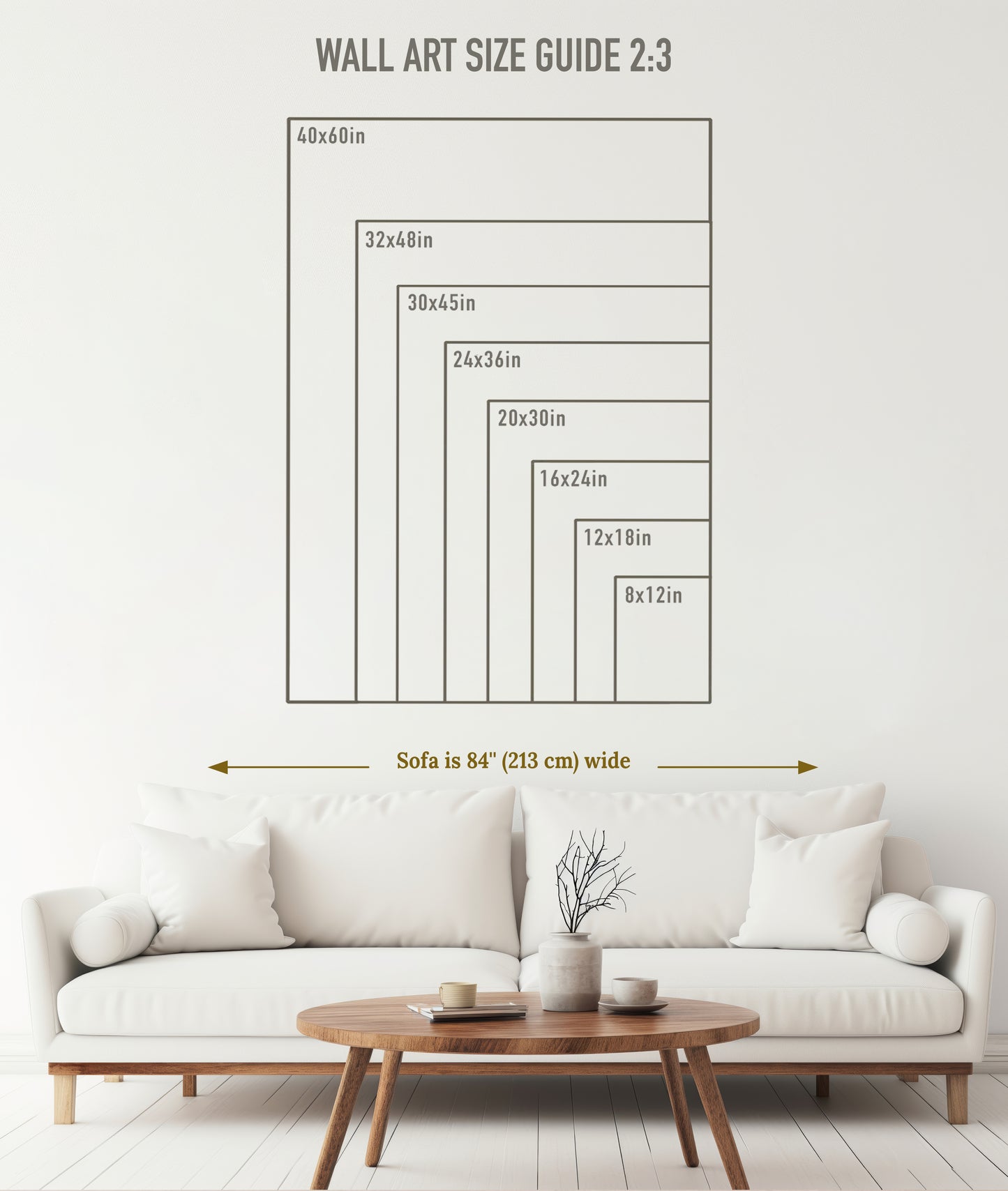 a living room with a white couch and coffee table
