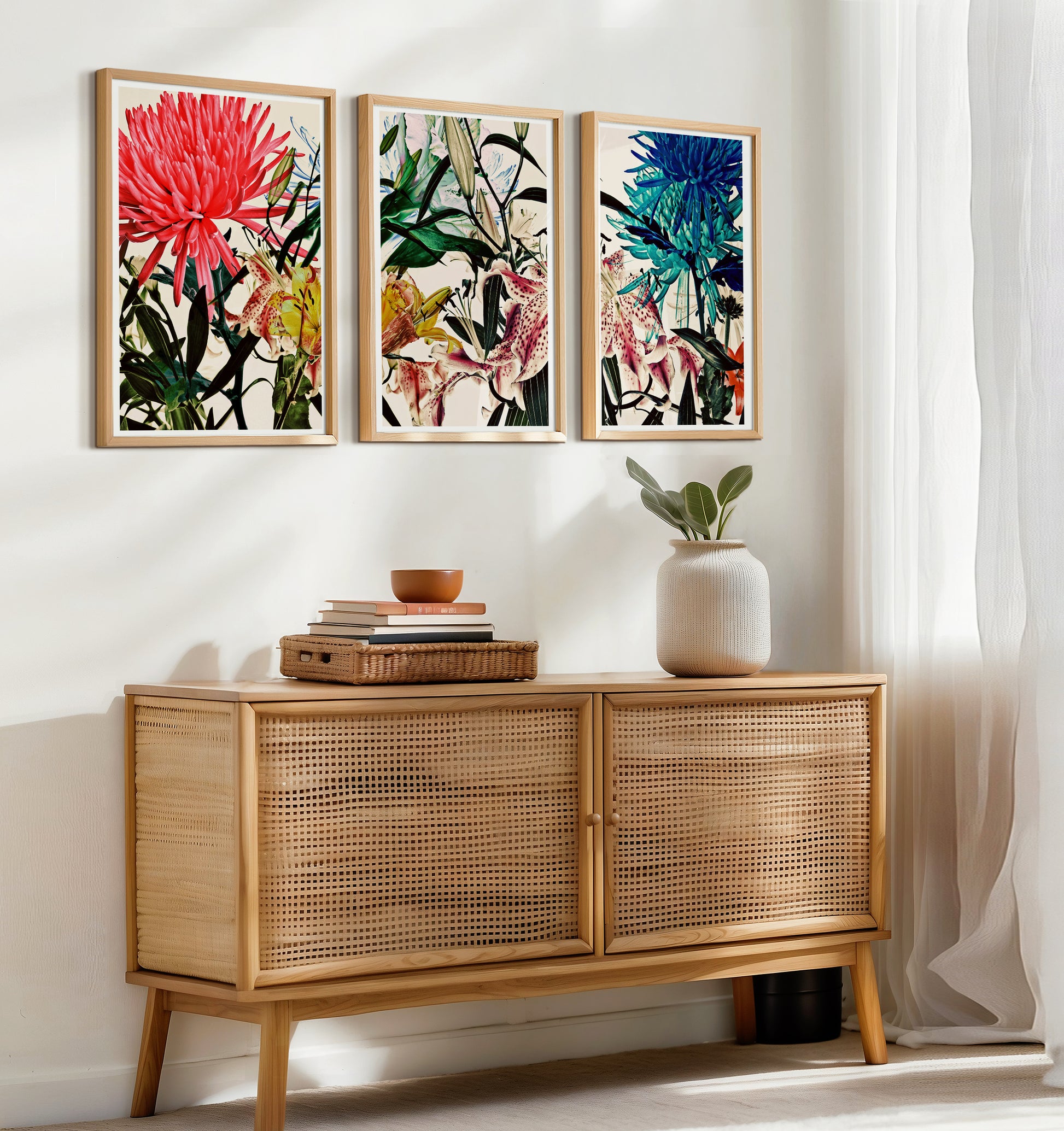 a living room with a wooden cabinet and paintings on the wall