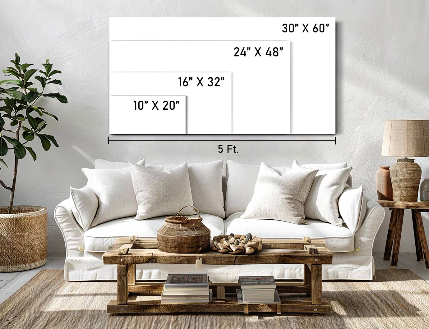 a living room with a white couch and a coffee table