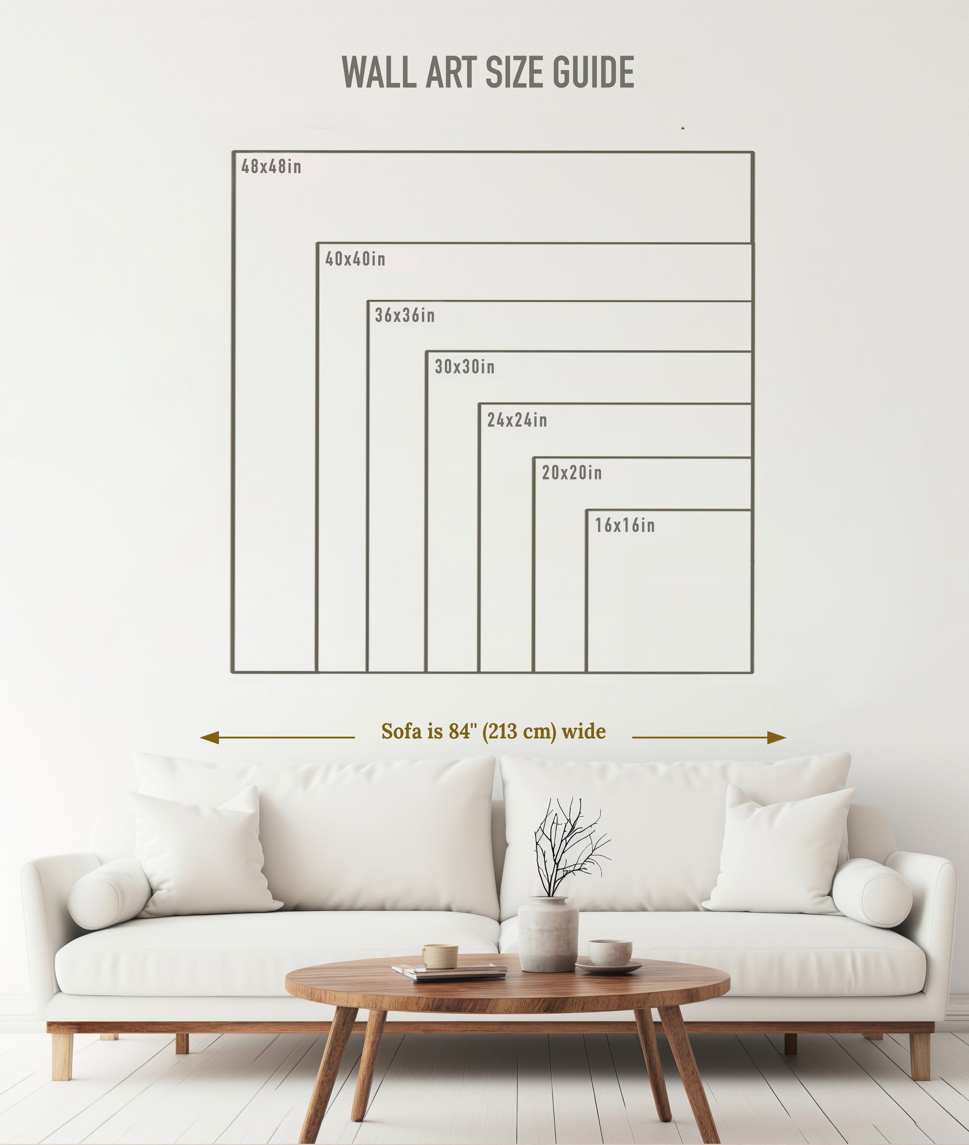 a living room with a white couch and coffee table