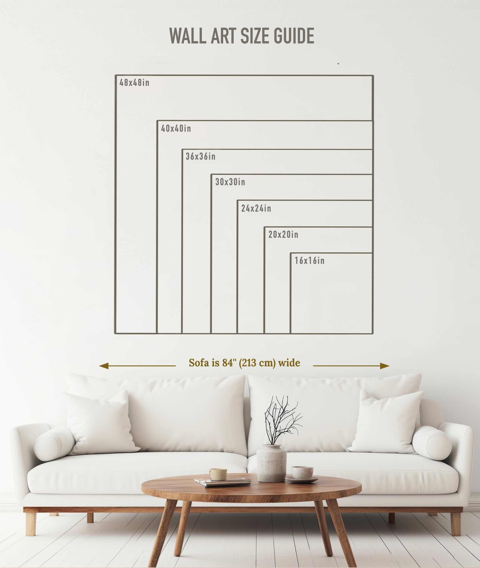a living room with a white couch and coffee table